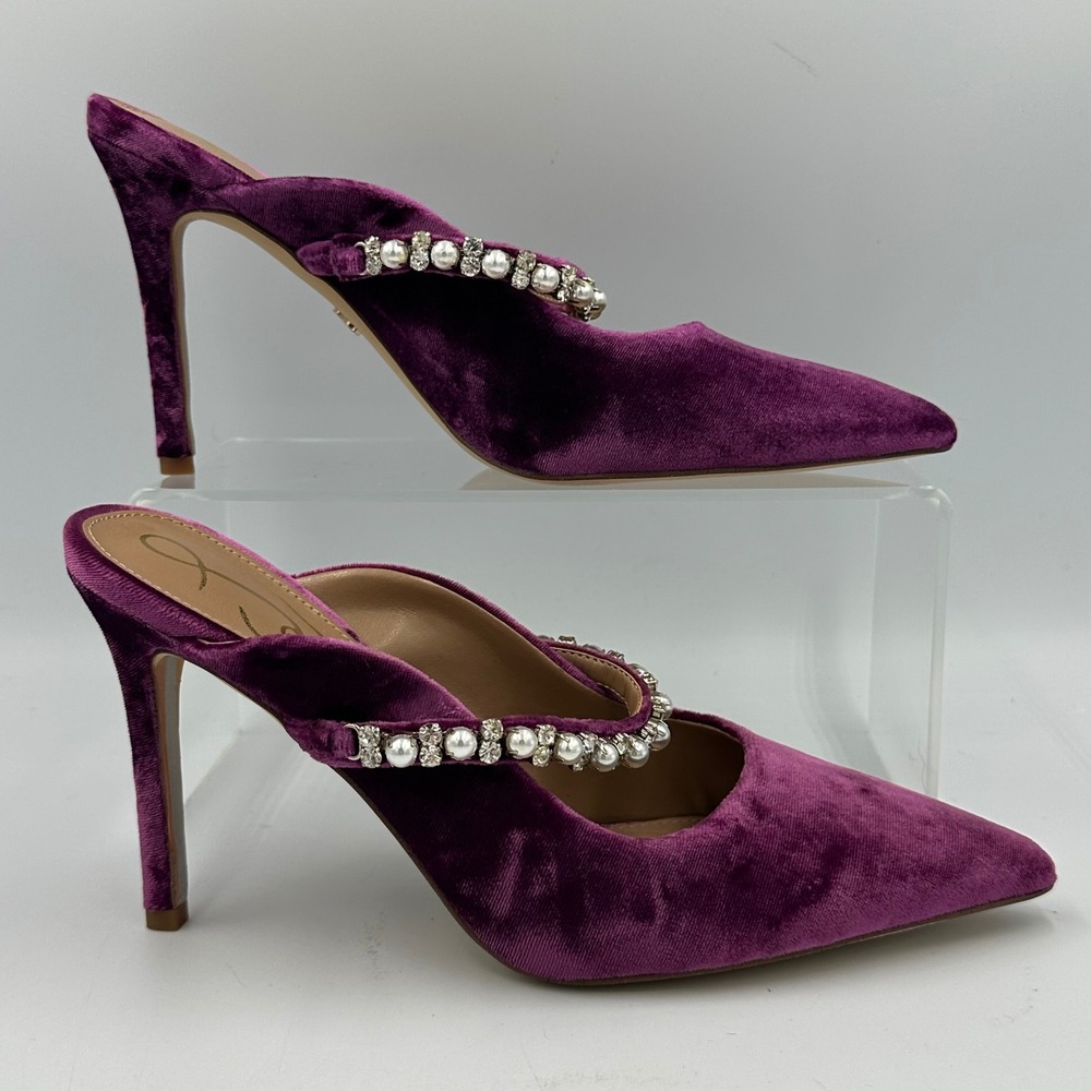Sam Edelman Hyland Velvet Mule Heels 6.5 Purple Pearl Crystal Strap Glam Y2K NIB - Picture 4 of 16